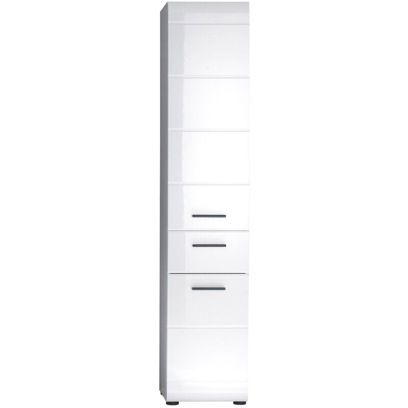 SkinGloss Armoire haute de salle de bain, 2 portes, 2 tiroirs, blanc, blanc brillant.