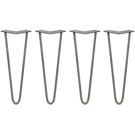 SKISKI LEGS - 4 Patas de Horquilla Metálicas para Mesa Muebles Metal Hairpin Legs 35.5cm Acero Natural 2 Puntales de Espesor 10mm con Pies Protectores + Paquete de 16 Tornillos de 20mm GRATIS