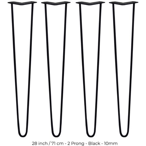 SKISKI LEGS - 4 Patas de Horquilla Metálicas para Mesa Muebles Metal Hairpin Legs 71cm Acero Negro 2 Puntales de Espesor 10mm con Pies Protectores + Paquete de 16 Tornillos de 20mm GRATIS