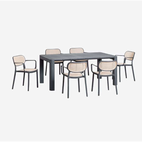 SKLUM Arnadine-Set mit rechteckigem Tisch (180 x 100 cm) und 6 stapelbaren Esszimmerstühlen mit Omara-Armlehnen Grau Graphit                                  