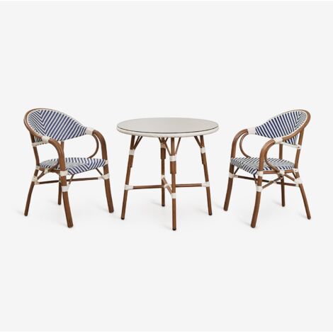 SKLUM Brielle Bistro rundes Tischset, Ø80 cm, und zwei stapelbare Esszimmerstühle mit Armlehnen aus Aluminium. Ken Blau - Gardenia Weiß
