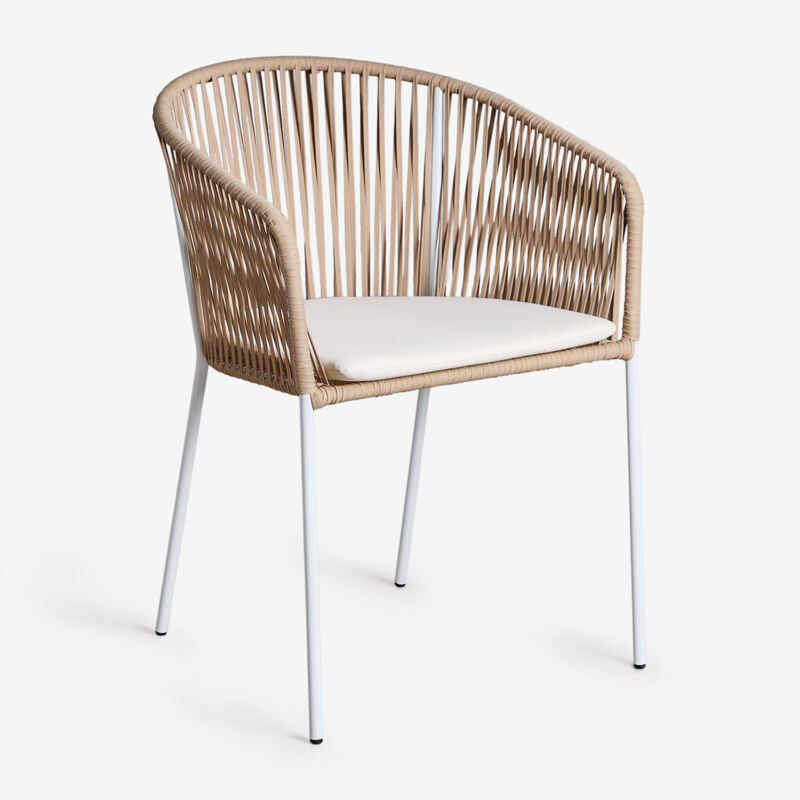 Chaise de jardin empilable Jocelyn avec accoudoirs en fer et corde tressée Sklum Naturel - Blanc