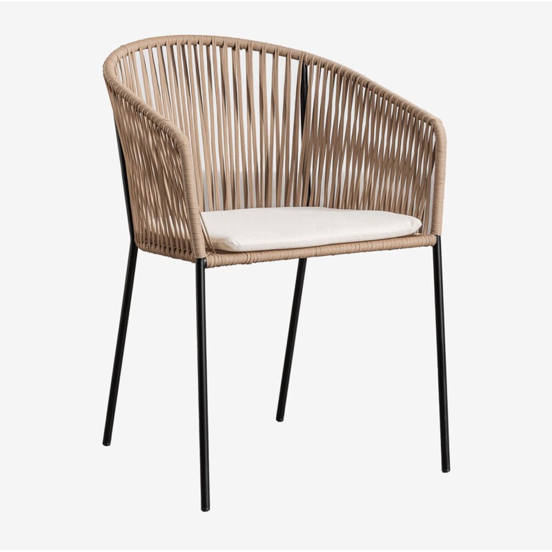 Chaise de salle à manger empilable Jocelyn avec accoudoirs en fer et corde tressée Sklum Naturel- Noir