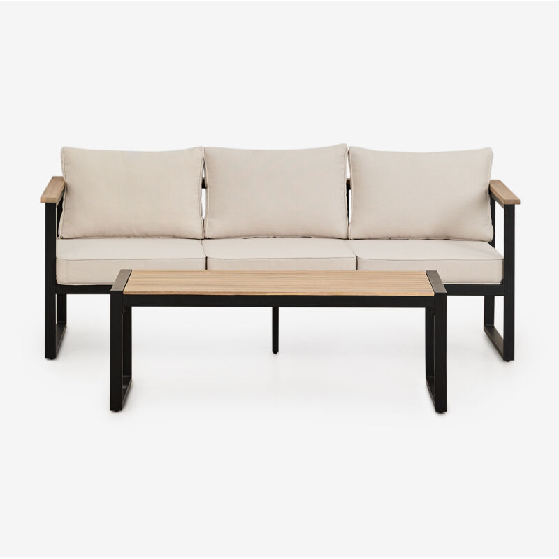 Salon de jardin avec canapé 3 places et table basse en aluminium et bois d'acacia 110x55cm Lipov SKLUM Noir