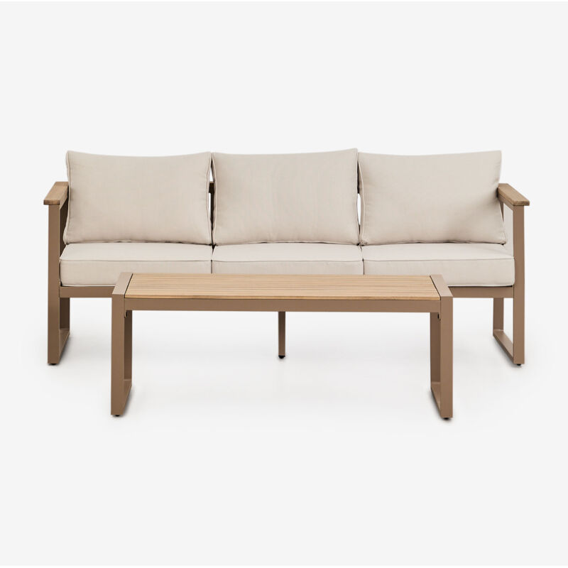 Sklum - Salon de jardin avec canapé 3 places et table basse en aluminium et bois d'acacia 110x55cm Lipov Moka Brown