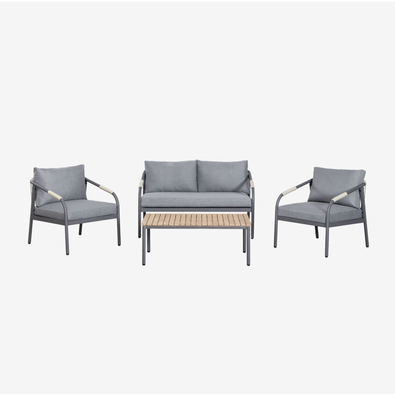 Salon de jardin composé d'un canapé 2 places, 2 fauteuils et table basse en aluminium et bois d'Acacia Basper Sklum Gris Graphite