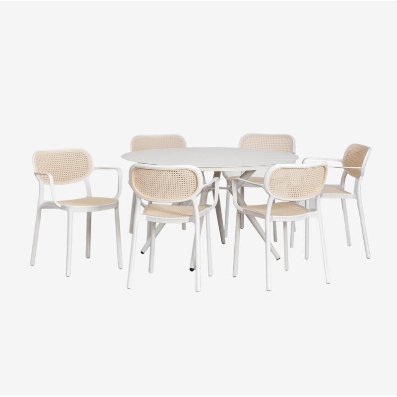 Ensemble de table ronde en aluminium (Ø125 cm) Valérie et 6 chaises de jardin avec accoudoirs Omara Sklum Blanc Gardenia