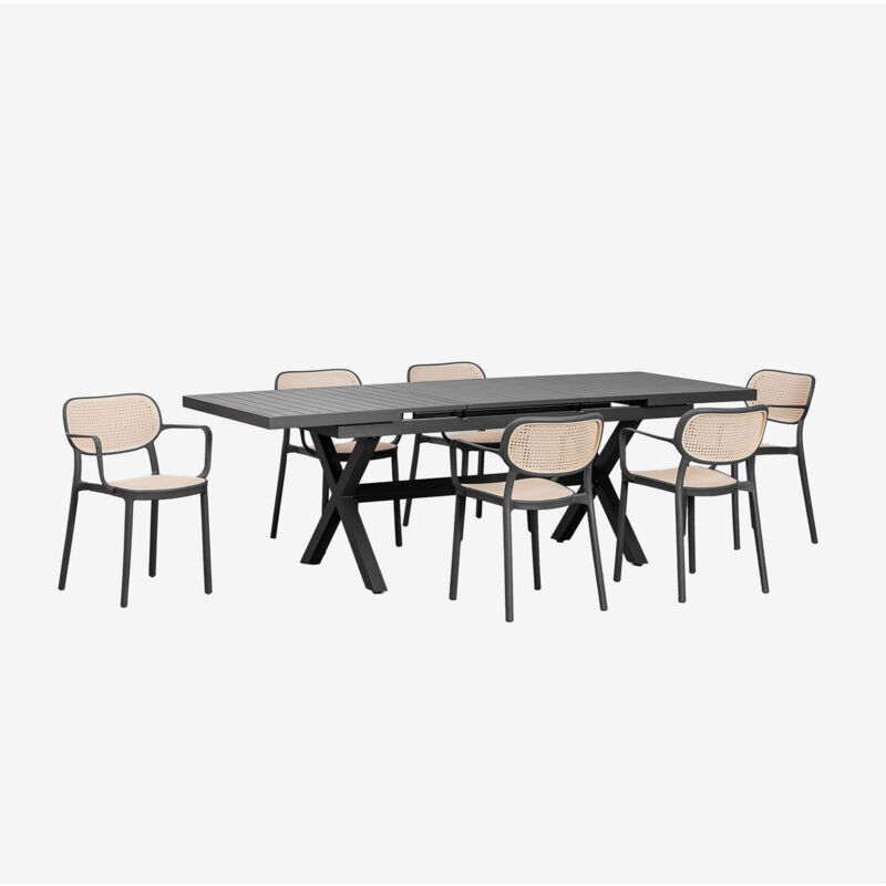 Ensemble table de jardin extensible en aluminium (180-240x90 cm) Karena et 6 chaises de jardin avec accoudoirs Omara Sklum Gris Graphite