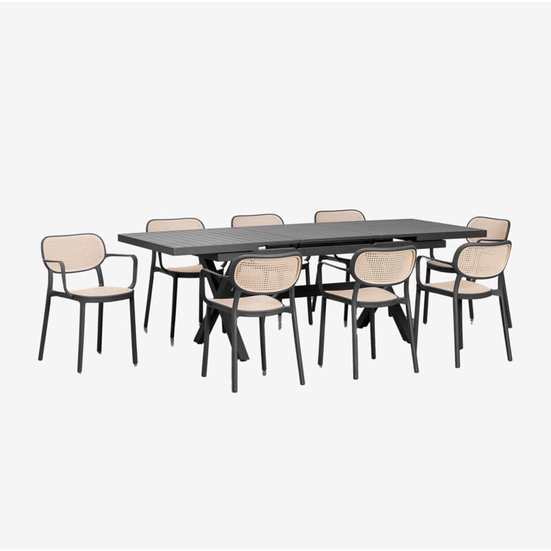Ensemble table de jardin rectangulaire extensible Karena en aluminium (180-240x90 cm) et 8 chaises de jardin Omara avec accoudoi Sklum Gris Graphite