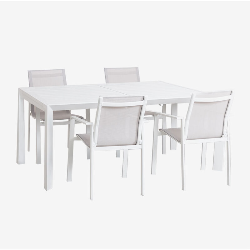 Ensemble de table extensible rectangulaire Starmi, 180-240x100 cm, en aluminium et 4 chaises de jardin Eika. Sklum Blanc Gardenia
