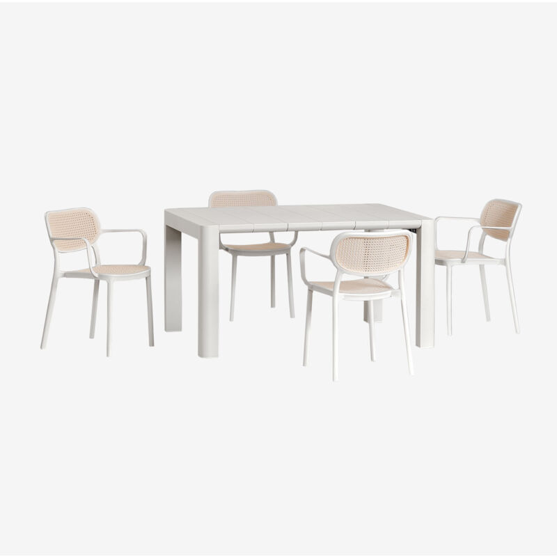 Ensemble table rectangulaire (140x100 cm) et 4 chaises de jardin empilables Arnadine avec accoudoirs Omara Sklum Blanc Gardenia