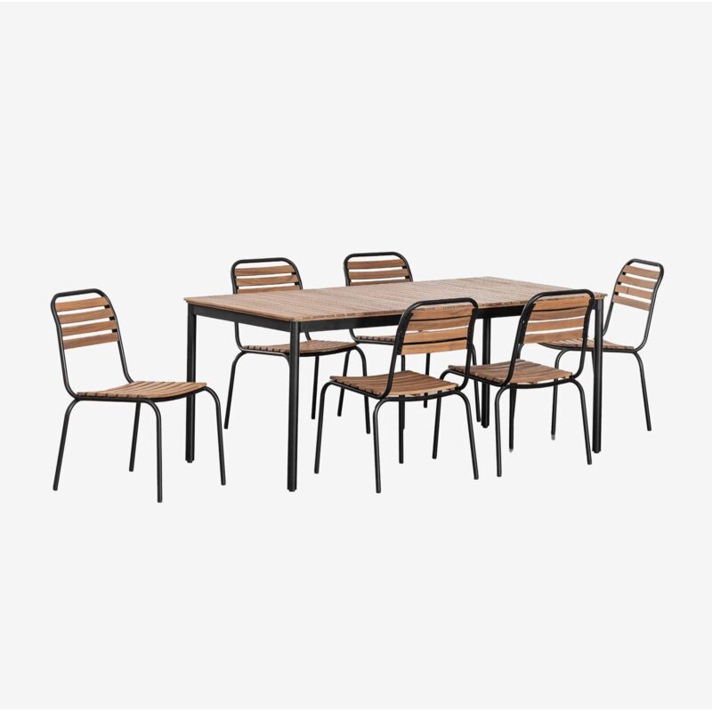 Ensemble table rectangulaire Artus 160x90 cm et 6 chaises de jardin empilables en acier et bois d'acacia Sklum Noir