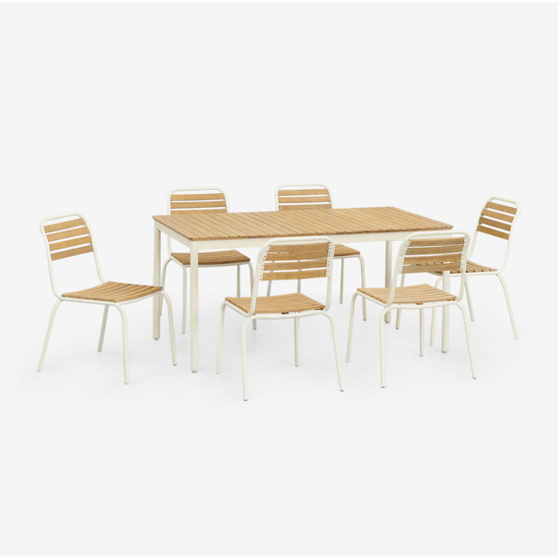 Ensemble table rectangulaire Artus 160x90 cm et 6 chaises de jardin empilables en acier et bois d'acacia Sklum Blanc Gardenia