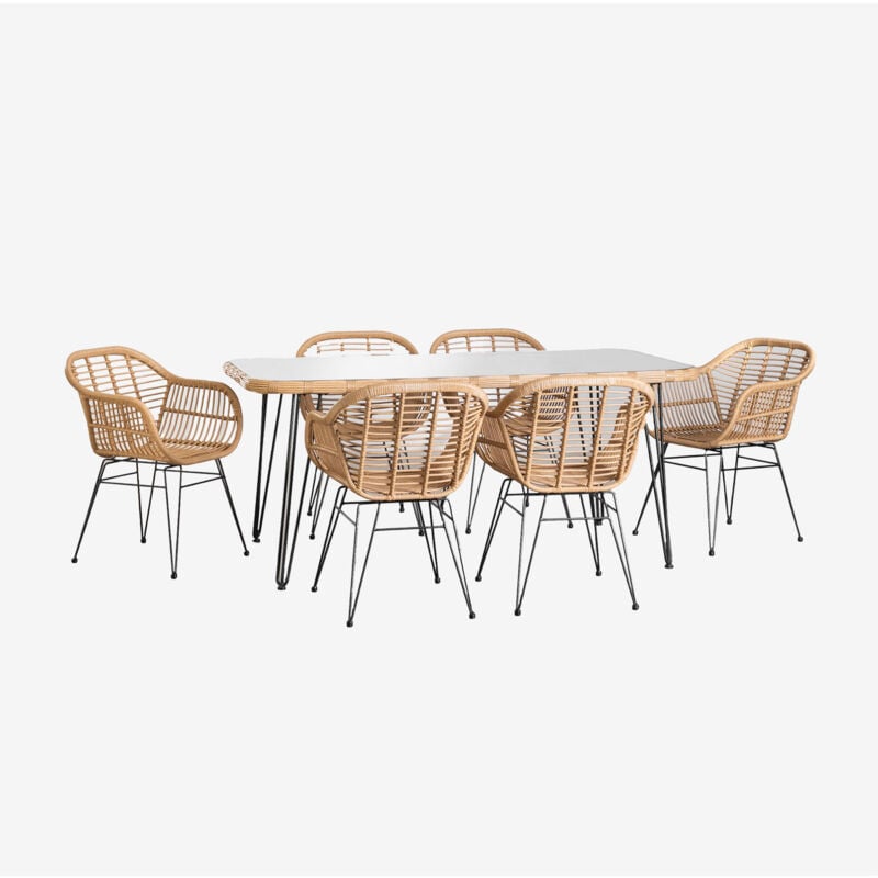 Ensemble table rectangulaire en osier synthétique Leribert (180x90 cm) et 6 chaises de jardin en osier synthétique Zole Sklum naturel