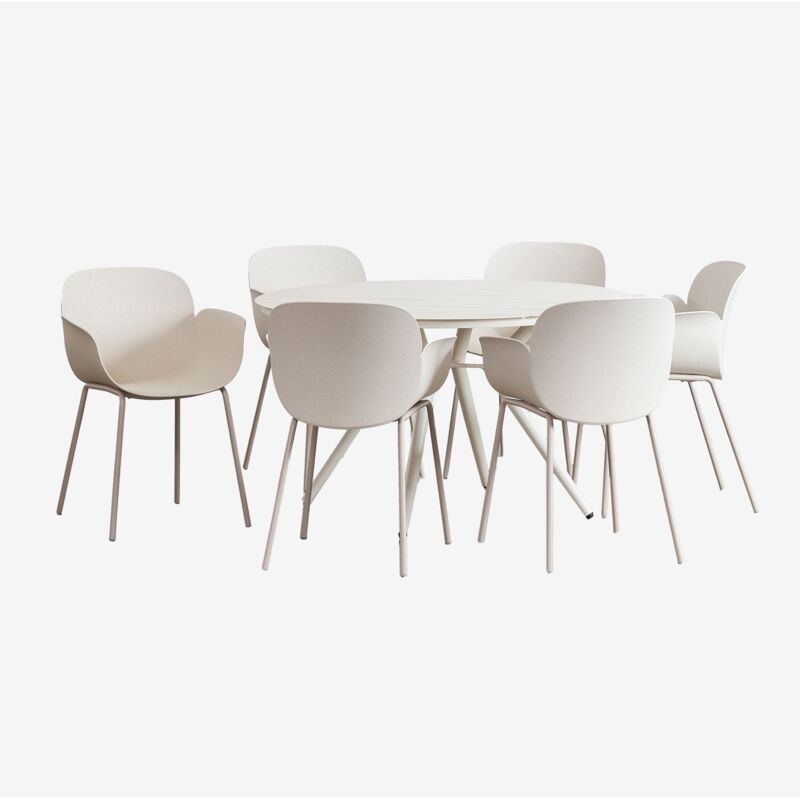 Ensemble table ronde en aluminium (Ø125 cm) Valérie et 6 chaises de jardin Lynette Sklum Blanc de Pierre