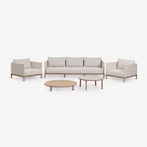 SKLUM Gartenset mit 3-Sitzer-Sofa, 2 Sesseln und 2 runden Couchtischen aus Akazienholz Olivia Hellbraun Akazie – Weiß Gardenie             Helles Akazienbraun                     