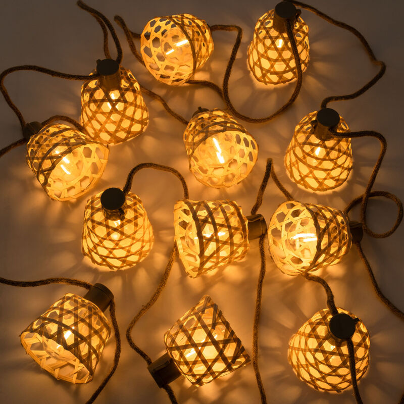 Sklum – Guirlande lumineuse d'extérieur 7,40 m – 12 ampoules LED – Chargeur solaire NI-MH – Corde en chanvre résistante