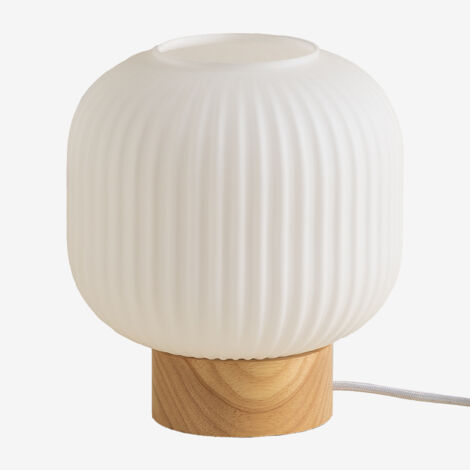 Sklum – Lampe de table en bois de caoutchouc et verre – Abat-jour plissé E27 – Dimensions 23cm x 120cm x 1cm – Câble textile avec interrupteur