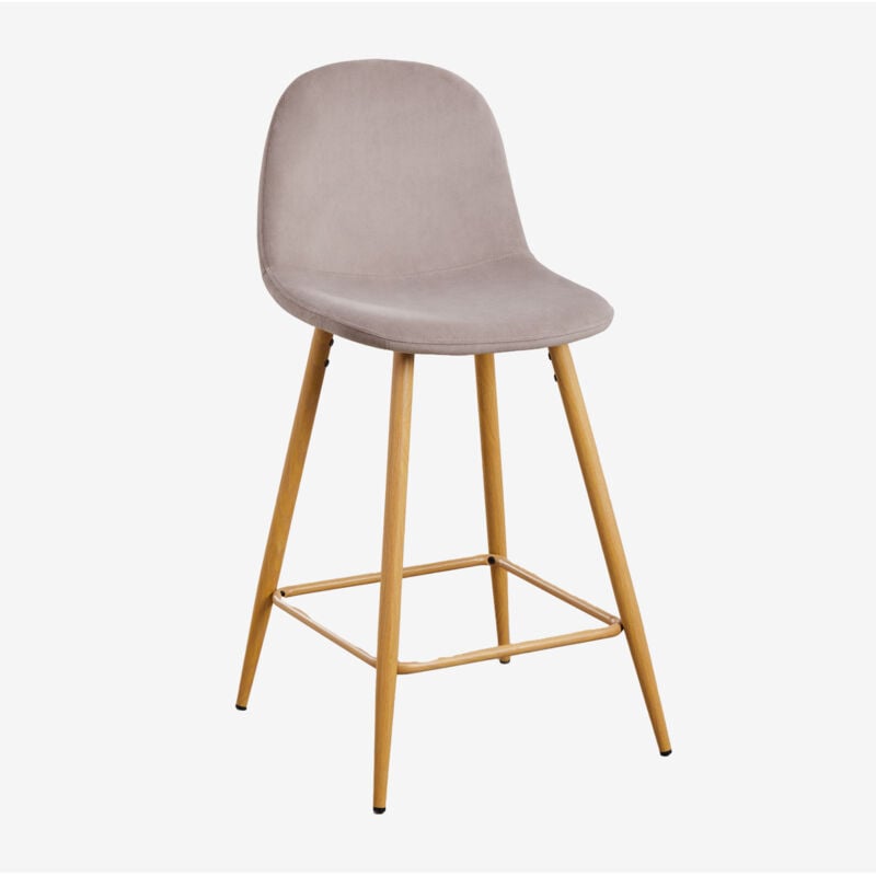 Sklum - Pack de 2 tabourets hauts en velours Glamm ↑65 cm Gris Taupe Bois naturel