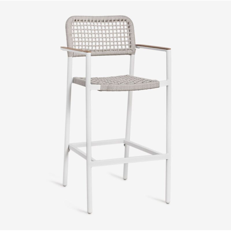 Lot de 4 tabourets de jardin hauts Nediam avec accoudoirs en aluminium et corde tressée Sklum Blanc