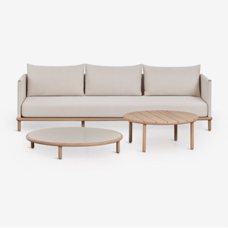 SKLUM Olivia Wohnzimmergarnitur mit 3-Sitzer-Sofa und 2 runden Couchtischen aus Akazienholz Weiß Gardenia – Hellbraun Akazie             Helles Akazienbraun                     