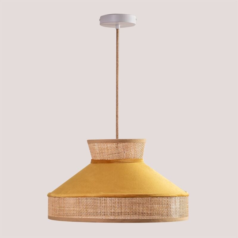 Sklum - Lampe Suspendue en Velours et Rotin Xanti Moutarde