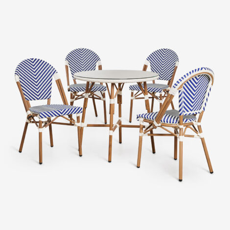 SKLUM Set aus rundem Tisch Ø80 cm und 4 stapelbaren Esszimmerstühlen aus Aluminium Brielle Bistro Ken Blau - Gardenia Weiß                                  
