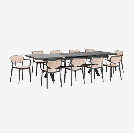 SKLUM Set ausziehbarer rechteckiger Tisch 240-300x100 cm Karena und 10 Gartenstühle mit Armlehnen aus Aluminium Omara Grau Graphit