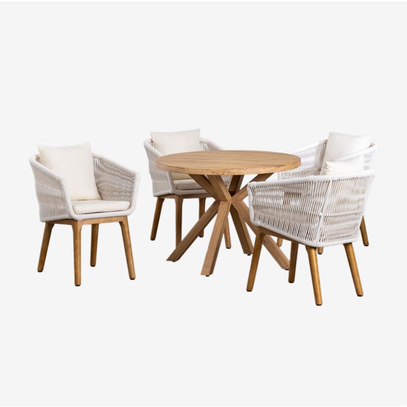 Set de Table Ronde en Bois (Ø100 cm) Naele et 4 Chaises de Jardin Barker Sklum Blanc Gardenia