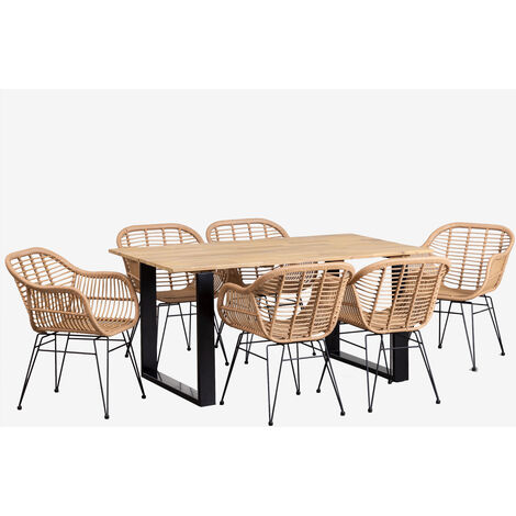 Set Tavolo Rettangolare in Vimini Sintetico (180x90 cm) Leribert e 6 Sedie  da Pranzo in Rattan Sintetico Natural Gouda - SKLUM