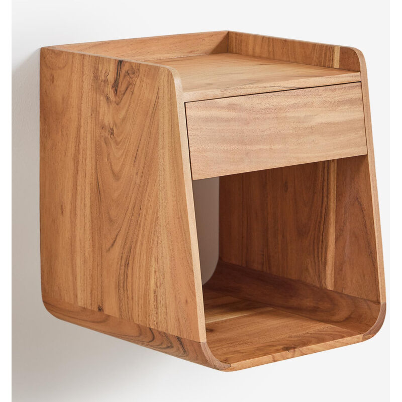 Sklum – Table de chevet en bois d'acacia 35x35 cm – Finition laquée acrylique – Tiroir pratique et étagère – Structure arrondie moderne