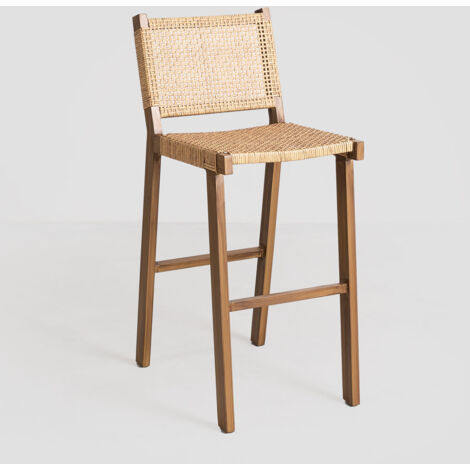 Sklum – Tabouret de bar haut 75 cm en osier synthétique – Structure aluminium imitant le bois – Assise large pour confort – Pour intérieur et extérieur