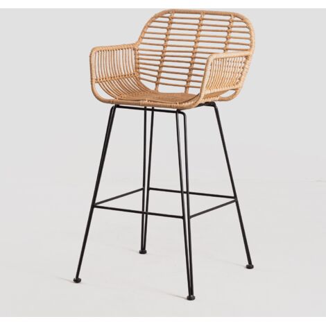Sklum – Tabouret de bar haut en rotin synthétique noir – Hauteur 75 cm – Confort ergonomique avec dossier et accoudoirs – Pour espaces modernes