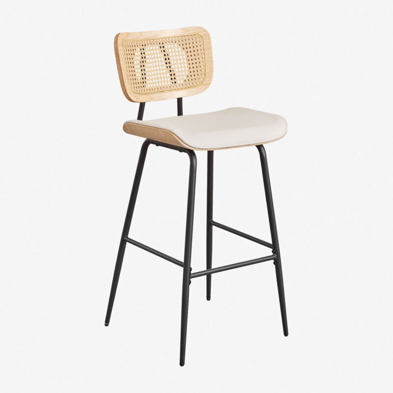 Sklum - Tabouret haut en bois, rotin et similicuir Raysa ↑75 cm