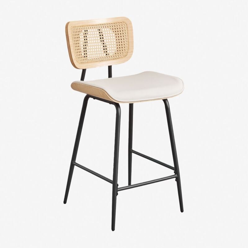 Sklum - Tabouret haut en bois, rotin et simili cuir Raysa ↑65 cm