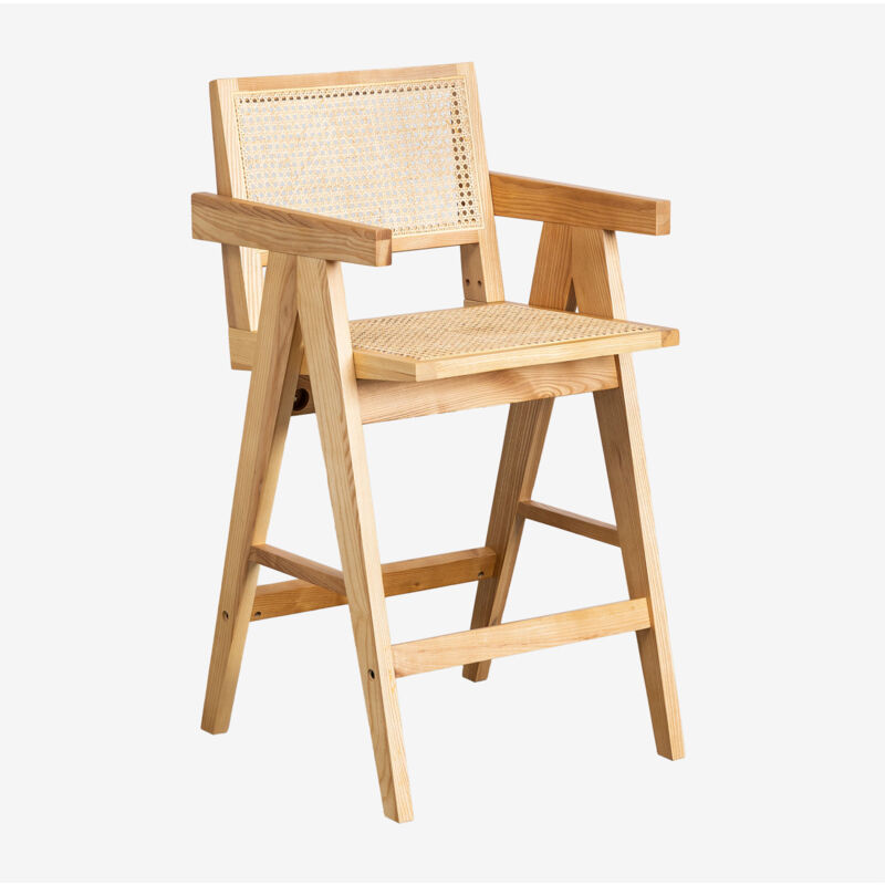 Sklum - Tabouret haut en bois de Fresno et rotin (65,5 cm) Lali