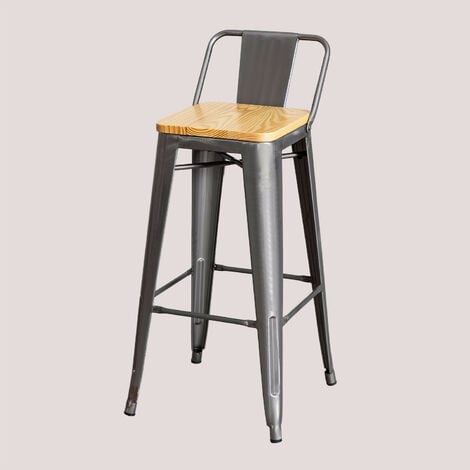 SKLUM Taburete Alto con Respaldo LIX Cepillado Madera Madera - Acero Acero