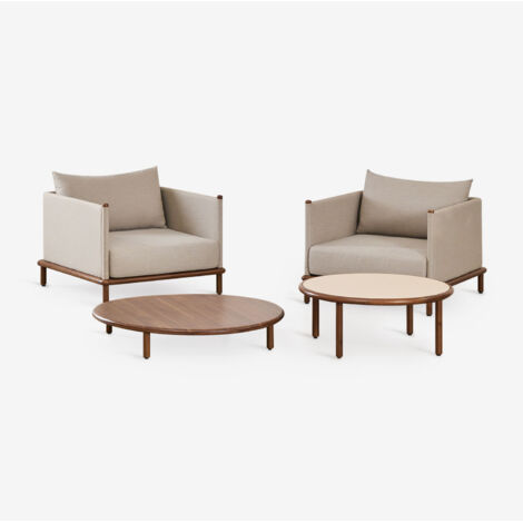 SKLUM Wohnzimmerset mit 2 Sesseln und 2 runden Couchtischen aus Akazienholz Olivia Akazienbraun dunkel - Beige Semoline             Akazienbraun dunkel                     