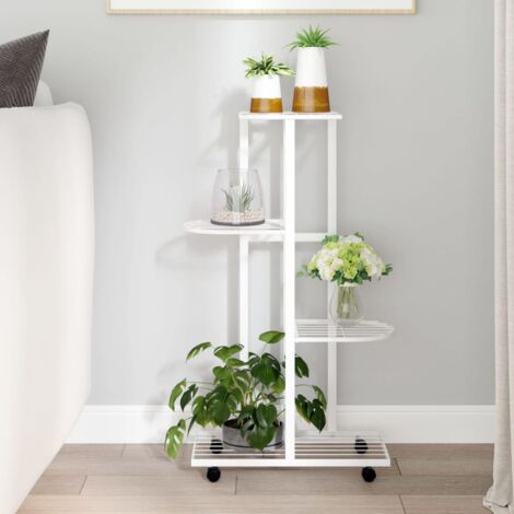SKM Jardinière à 4 niveaux avec roues 44x23x80 cm Blanc Fer