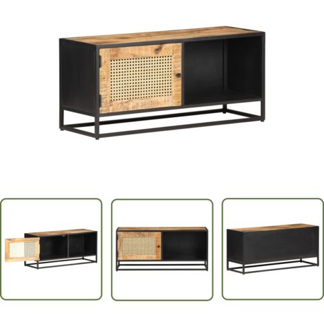 SKM Meuble TV 90x30x40 cm Bois de manguier brut et canne naturelle