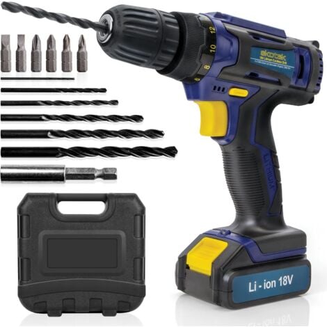 Skotek Cordless Drill Driver 18V Li Ion Electric Screwdriver Case and 13pc Drill Bit Set Battery and Charger