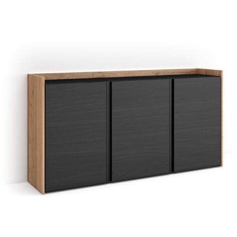 Skraut Home - Aparador para salón, Gran capacidad de almacenaje, 156x35x80cm, 3 Puertas, LED, Estilo Moderno, Negro y roble