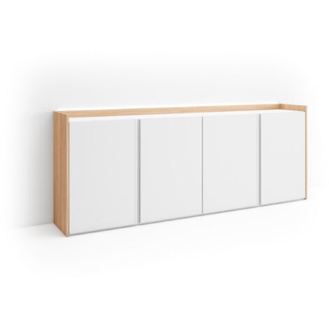 Skraut Home - Aparador para salón, Gran capacidad de almacenaje, 207x35x80cm, 4 Puertas, LED, Estilo Moderno, Blanco y roble soft