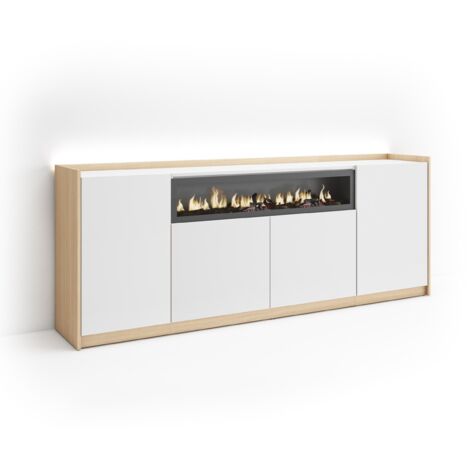 Skraut Home - Aparador para salón, Gran capacidad de almacenaje, 207x37x80cm, 4 Puertas, Chimenea eléctrica, LED, Estilo Moderno, Blanco y roble soft