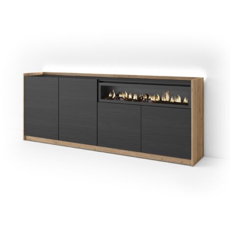 Skraut Home - Aparador para salón, Gran capacidad de almacenaje, 207x37x80cm, 4 Puertas, Chimenea eléctrica, LED, Estilo Moderno, Negro y roble