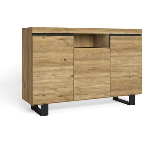 Skraut Home - Aparador salón Comedor despacho con patas Color Roble/Negro 3 Puertas 1 Hueco 92x140x40 cm, nórdico - ROBLE OSCURO