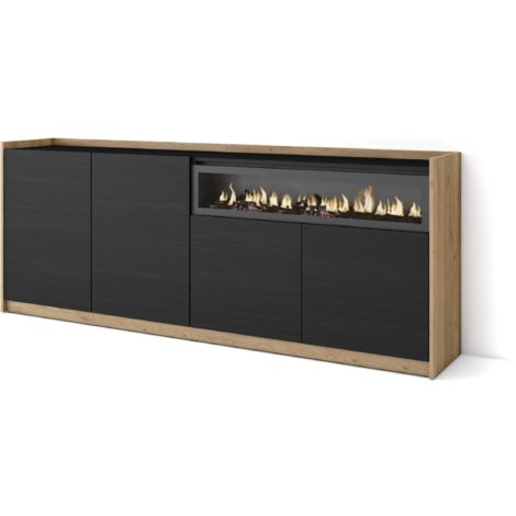 Skraut Home - Aparadores para salón, 207x37x80cm, 4 Puertas, Chimenea eléctrica, Negro y roble
