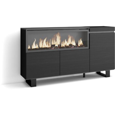 Skraut Home - Aparadores para salón, Gran capacidad de almacenaje, 160, 3 Puertas, Chimenea eléctrica XXL, Diseño industrial, Estilo Moderno, Negro