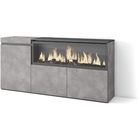 Skraut Home - Aparadores para salón, Gran capacidad de almacenaje, 160, 3 Puertas, Chimenea eléctrica XXL, Estilo Moderno, Gris Cemento