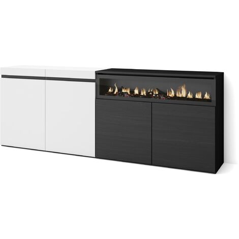 Skraut Home - Aparadores para salón, Gran capacidad de almacenaje, 200x75x35cm, 4 Puertas, Chimenea eléctrica, Estilo Moderno, Blanco y negro